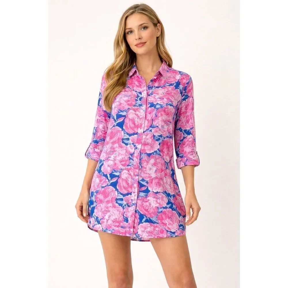 Entro Floral Shirt Dress Pink Blue Button Front Tunic Women S